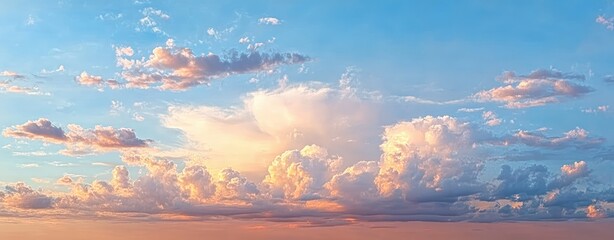 Expansive sky filled with various fluffy clouds illuminated by warm sunlight during serene sunset