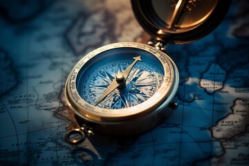 Golden compass lying on ancient map, symbolizing adventure, navigation, and the pursuit of new horizons