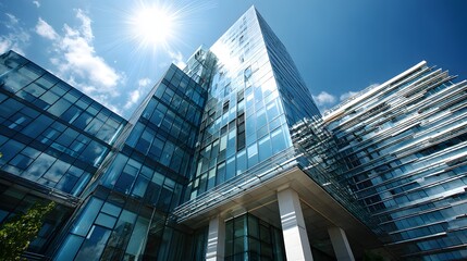Modern glass skyscraper building under a sunny blue sky.