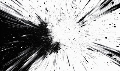 High contrast abstract black and white ink splatter with dynamic streaks and scattered droplets, creating an energetic and explosive visual effect