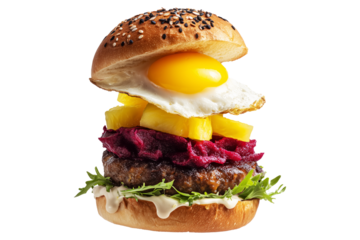 Australia Aussie crispy chicken burger with cheddar cheese, fries, lettuce, tomato, pickles and mayo on sesame bun, isolated on white transparent background