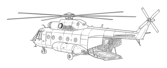 Fototapeta premium Military helicopter in technical line art style in black and white