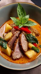 Thai roasted duck curry featuring pineapple and fresh basil, served elegantly in white ceramic, soft grey-brown studio lighting, close-up view.
