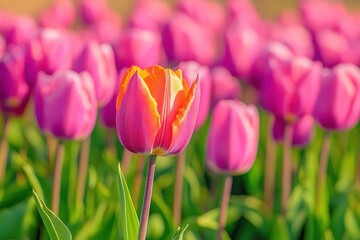 Obraz premium Close-up of a vibrant pink and orange tulip standing tall among a field of blurred pink tulips under bright sunlight