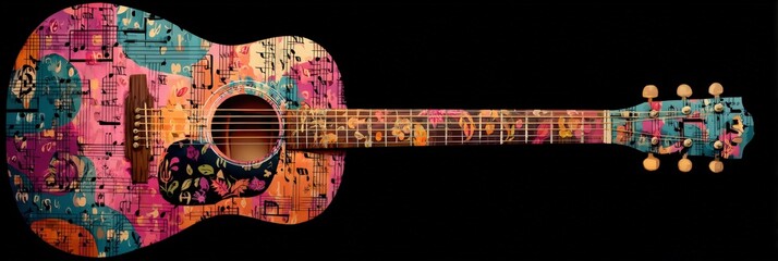 Colorful acoustic guitar with musical notes design