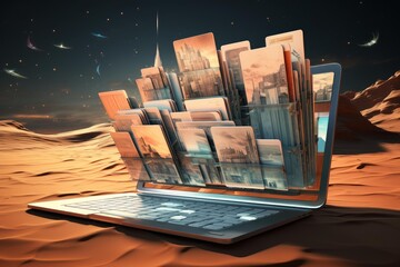 Laptop displaying travel photos in a desert landscape under a starry night sky evokes wanderlust and digital nomadism