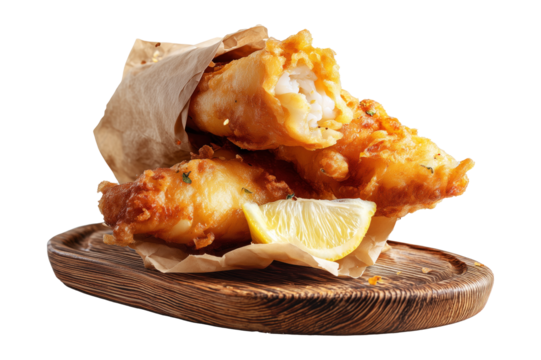 Battered fish fillets with flaky white interior wrapped in paper with lemon wedges on wooden board isolated on white transparent background. Australia Fish and Chips