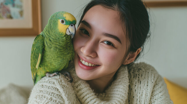 Close-up of happy parrot sitting on the shoulder of a young asian woman, wearing sweater , smiling at the parrot. Living, soft, pastel. Friendship between owner and pet, woman and bird. Animal company