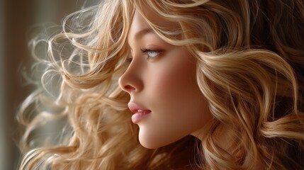 Blonde model showing long healthy curly hair in profile for hair salon poster