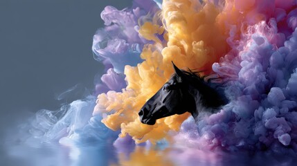 Black horse head emerging from colorful smoke clouds
