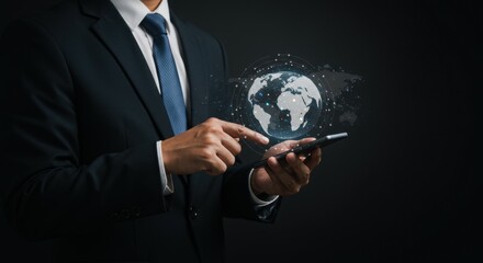 Businessman In Dark Suit Touching Globe Hologram On Smartphone Screen With World Map Background