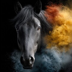 Black horse emerging from colorful powder cloud explosion