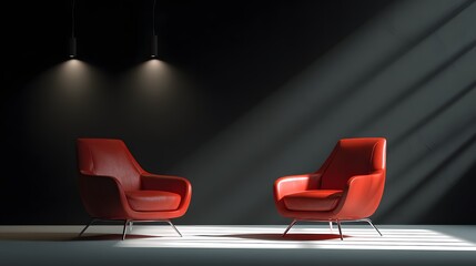 Obraz premium Two modern red armchairs are illuminated by spotlights against a dark wall.