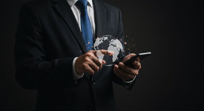 Businessman in a Dark Suit and Blue Tie Interacts with a Digital Globe Hologram on His Smartphone