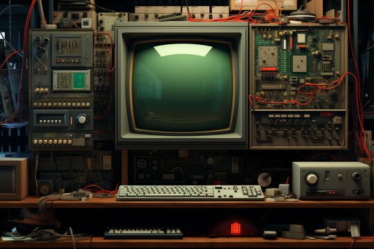 Retro computer setup with green screen monitor, keyboard, and intricate circuitry, evoking a sense of nostalgia for early computing technology