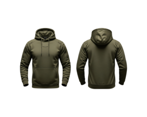 Two olive green tactical hoodies front and back view isolated on transparent background