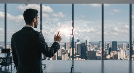 Businessman Touching Futuristic Global Network Interface Overlooking City Skyline