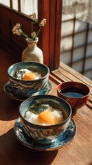 Tamago kake gohan, traditional japanese breakfast with rice, egg and soy sauce being served