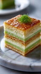 Artistic Thai sweet treat combining golden Foi Thong and pandan layers, styled on marble plate, soft green tone, clean minimal scene.

