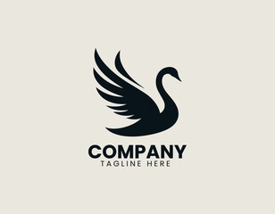 Minimal winged flying swan spreading wings gracefully in elegant vector logo design illustration