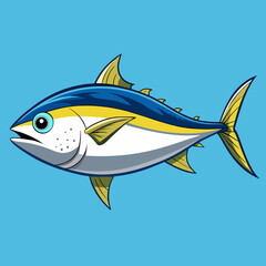Vibrant cartoon tuna fish illustration on a blue background