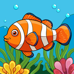 Cute cartoon clownfish swimming in a coral reef underwater scene