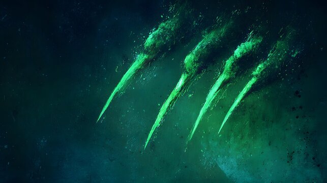 Glowing green claw marks streak across a dark, textured background.