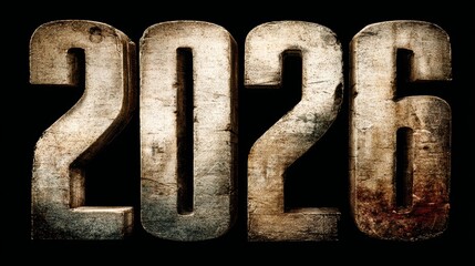Gray-colored numerals for the year 2026 are set against a dark, textured backdrop