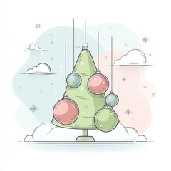 A minimalist illustration of a Christmas tree adorned with pastel-colored ornaments