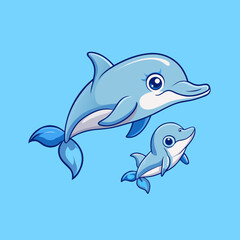 Cute cartoon mother and baby dolphin swimming together