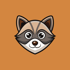 Cute cartoon raccoon face with big eyes and brown background