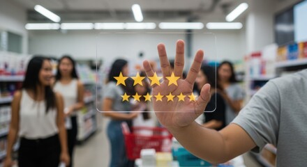 Customer Hand Touching Virtual Star Rating System in Store Showing Positive Feedback and High Satisfaction