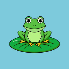 Cute cartoon green frog sitting on a lily pad