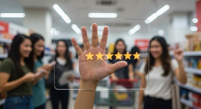 Customer Hand Showing Four Star Rating Over Blurred Shoppers in Supermarket Aisles