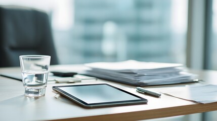 Desk with tablet, papers, and glass of water; office setting.