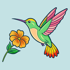 Cartoon hummingbird approaching an orange flower