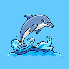 Cute cartoon dolphin leaping through blue waves