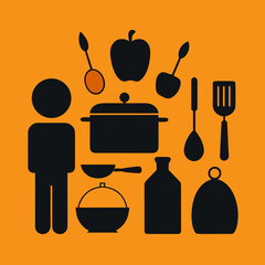 Kitchen utensils and cooking elements on orange background