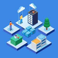 Obraz premium Isometric digital cityscape with people and cloud elements