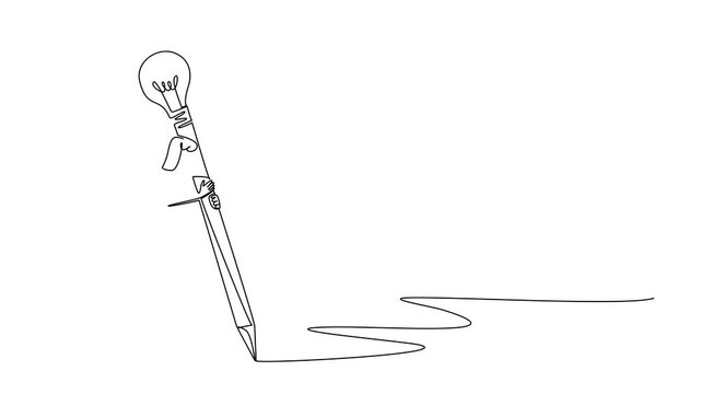 Self drawing animation of single one line drawing a woman writes using a big pencil with a lightbulb at the end. Practice to become more creative. National Creativity Day. Full length animated