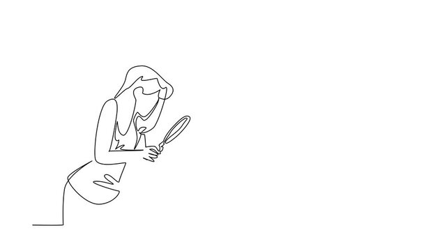 Animation of continuous one line drawing a woman holds lightbulb and examines it with a magnifying glass. Researching. Searching. Power of mind. National Creativity Day. Full length motion