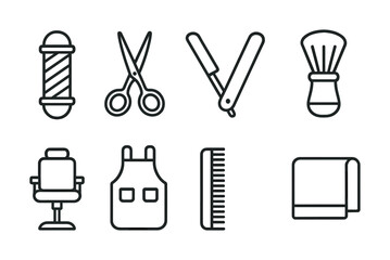 Obraz premium Vector Barber tools icons set: pole, scissors, razor, brush, chair, apron, comb, towel