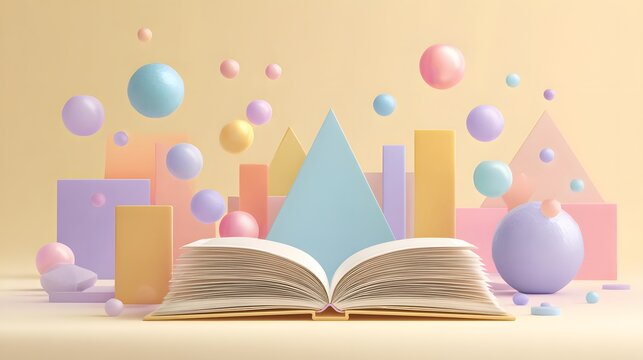 Open book with pastel geometric shapes and floating spheres