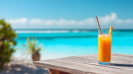 Obraz premium Refreshing orange drink with garnish sits on a table by the ocean.