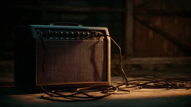A guitar amplifier sits on the stage with tangled cables as the music plays in a cozy venue