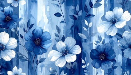 Watercolor floral pattern with blooms, foliage, and striped backdrop