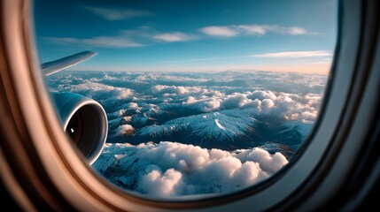 Fototapeta premium View from airplane window of snowy mountains and white clouds at sunset. Travel, air transport, adventure, aviation.
