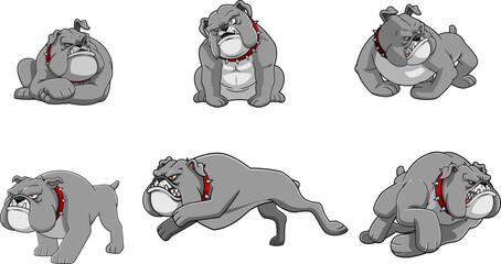 Gray Bulldog Cartoon Character In Different Poses – Vector Hand Drawn Bundle Collection Set Isolated On Transparent Background