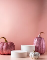 Halloween display concept. White empty podiums on pale pink background with copy space and pale pink and white glitter pumpkin decorations.  Generated image