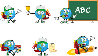 School Earth Globe Cartoon Character In Different Poses. Vector Hand Drawn Collection Set Isolated On Transparent Background	
